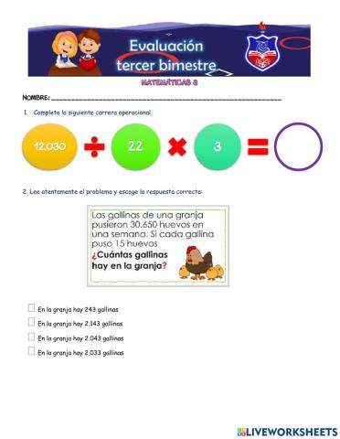 Evaluación  MATEMÁTICAS 3  -  3 BIMESTRE 2021
