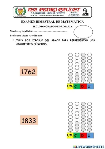 Examen de matemáticas 2do grado mes de agosto