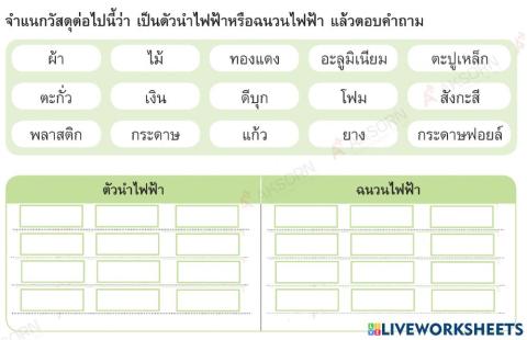 ใบงานเรื่องตัวนำและฉนวนไฟฟ้า ป.6