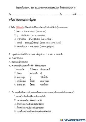 ข้อสอบ เรื่องการตอบสนองของสิ่งีชีวิต