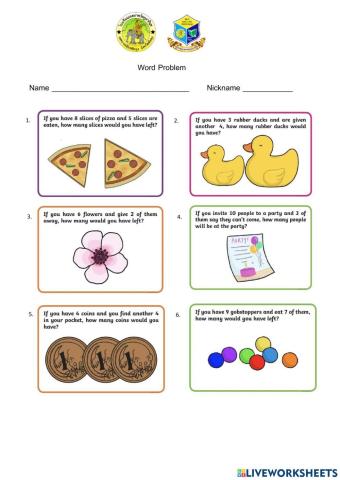 Word Problem for grade 1