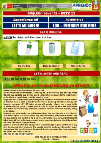 Week 22 - ENGLISH A1 - Experience 6 - Activity 1. Eco-friendly routine!