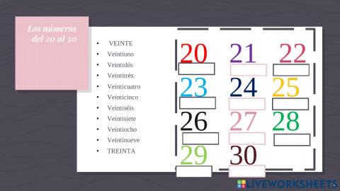 Los números del 20  al 30