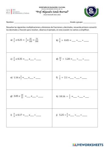 Multiplicación y división de fracciones y decimales