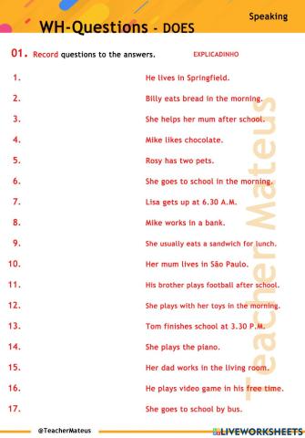 PRESENT SIMPLE - WH-Questions - DOES - SPEAKING