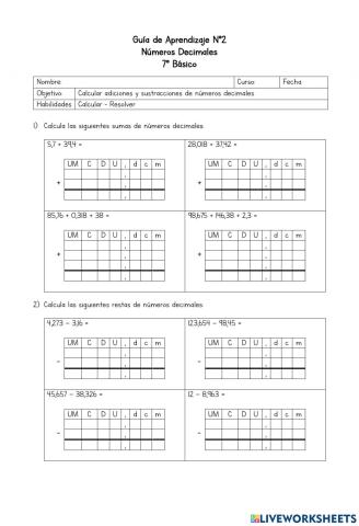 Guía de Aprendizaje N°2 - Adición y sustracción de decimales