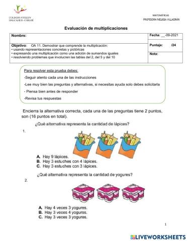 Evaluación multiplicaciones formato online
