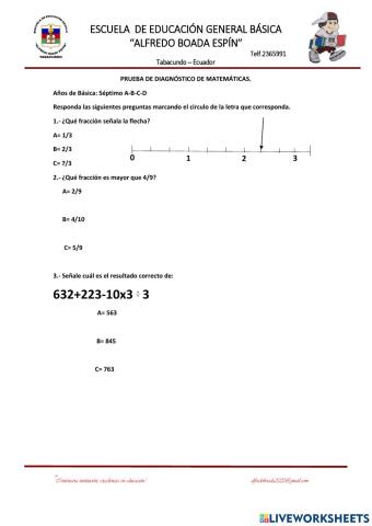 Evaluación diagnóstica de Matemática 7mo