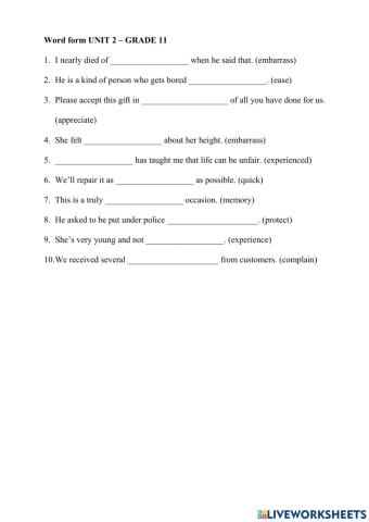 Word form unit 2 grade 11