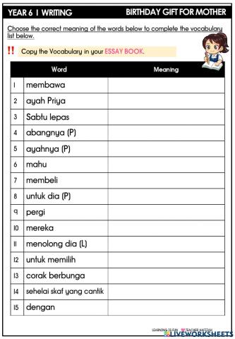 YEAR 6  - VOCABULARY I BIRTHDAY GIFT FOR MOTHER