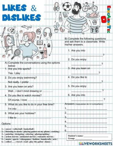 Likes & Dislikes: speaking worksheet