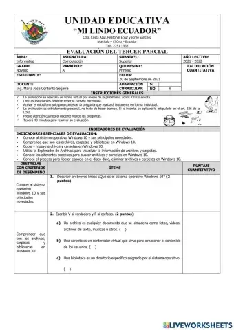 Evaluación de Computación Noveno del Tercer Parcial del Primer Quimestre