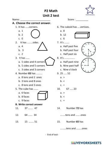 P2 Maths unit 2 test