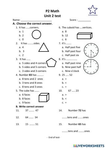 P2 Maths unit 2 test