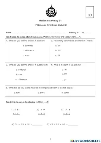 Anuban Lhanruk Grade 2 Math Finals Exam