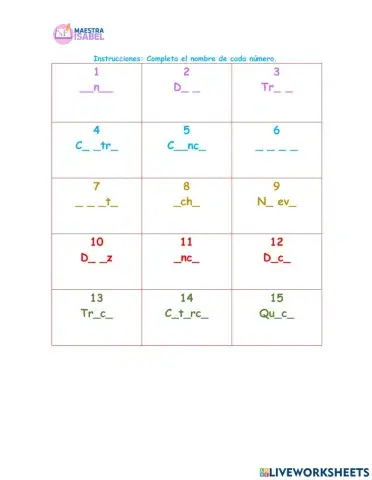 Completa el nombre de los números 1-15