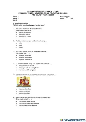 PTS Kelas 1 Tema 2 Sesi 1