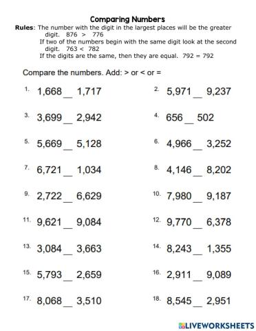 Comparing numbers  to 1000  -1