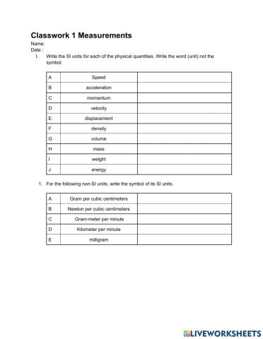 Classwork on Measurements