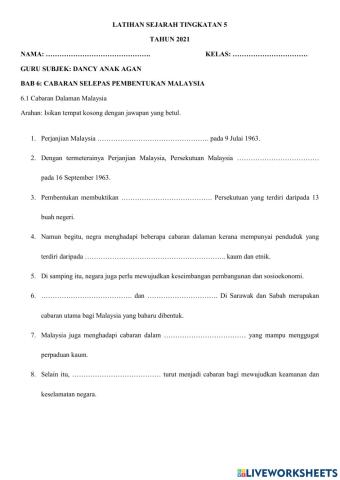 Sejarah t5 bab 6 cabaran pembentukan malaysia 6.1 cabaran dalaman malaysia