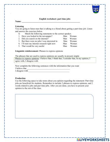 Worksheet lesson 5: Part-time jobs