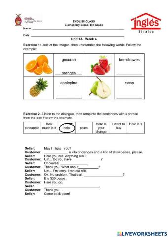 Order the fruit names and complete the dialogue