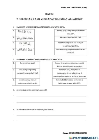 Hadis Tg. 5: 7 Golongan Yang Mendapat Naungan Allah SWT.