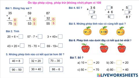 Ôn tập phép cộng, trừ phạm vi 100 (không nhớ)