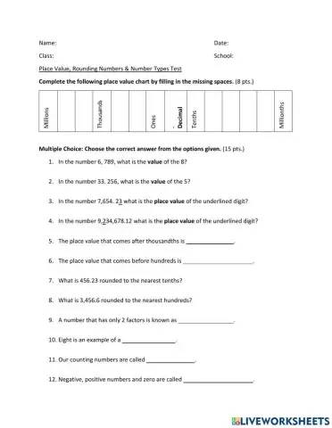 Place Value, Rounding Numbers, Number Types test