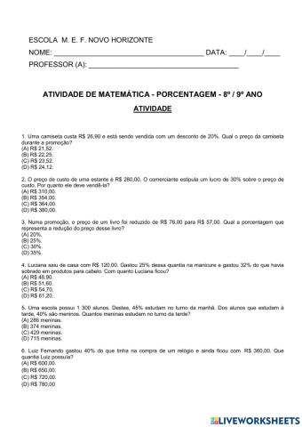 Atividade de matemática - PORCENTAGEM