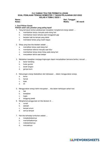 PTS Kelas 4 Tema 2 Sesi 1