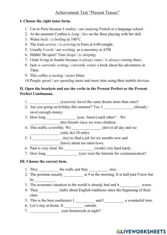 Achievement Test 'Present Tenses'