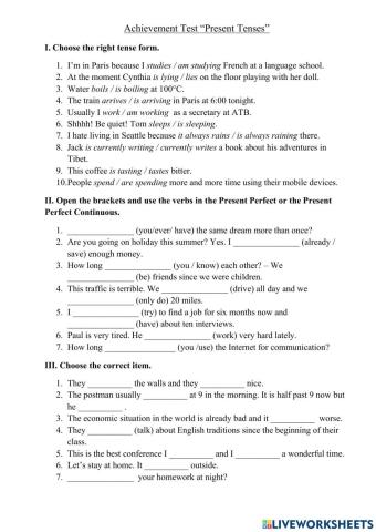 Achievement Test 'Present Tenses'