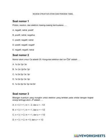SOAL STRUKTUR ATOM  dan periodik tabel