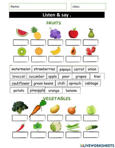 Year 1 fruits and vegetable speaking naming 2.1.5