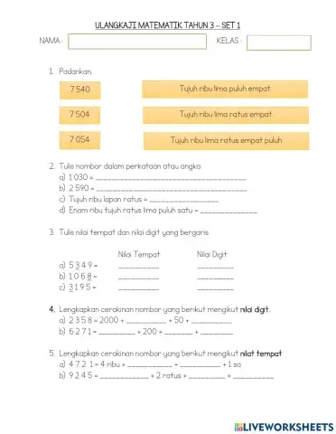 Ulangkaji Matematik Tahun 3 Set 1