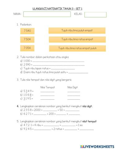 Ulangkaji Matematik Tahun 3 Set 1