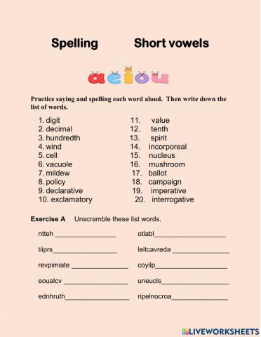 Short Vowels list words