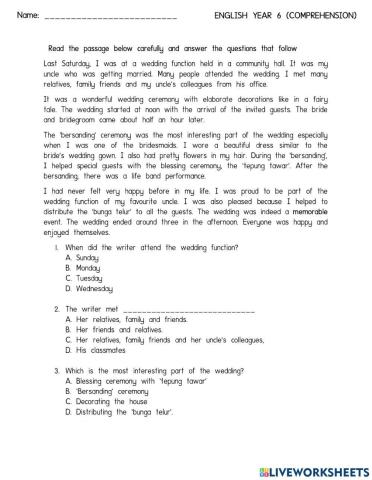 English Year 6 Comprehension MCQ( A Wedding Ceremony)