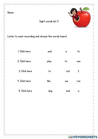 Sight words list 2 listening worksheet