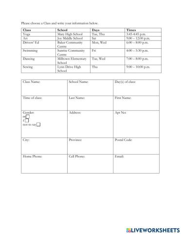 Assessment: Filling out a Registration for a Class
