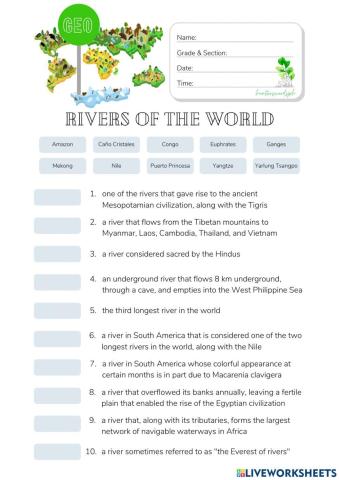Major Rivers of the World - HuntersWoodsPH.com Worksheet