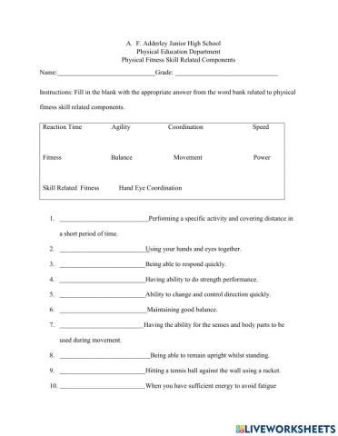 AFA Physical Fitness Skill Related Component Work Sheet