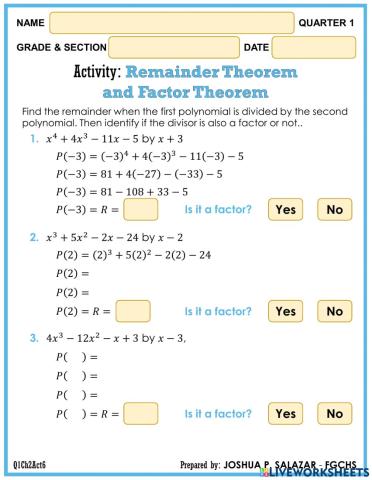 Remainder Theorem and Factor Theorem