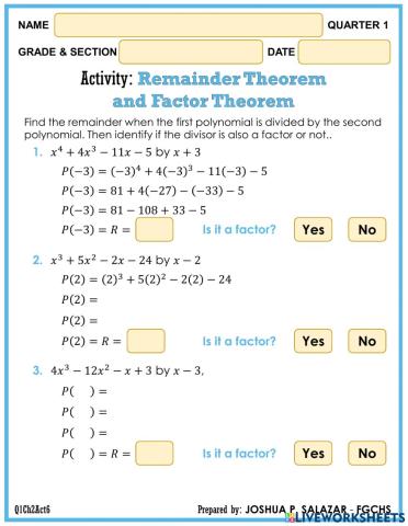 Remainder Theorem and Factor Theorem