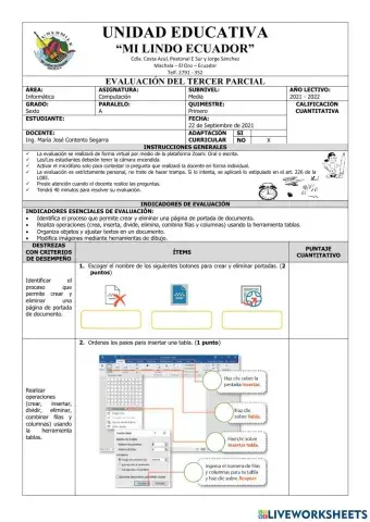 Evaluación de Computación Sexto del Tercer Parcial del Primer Quimestre
