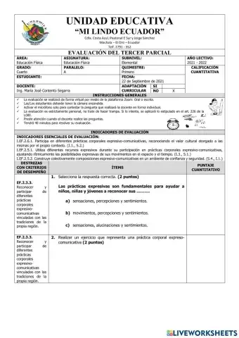 Evaluación de Educación Física del Tercer Parcial del Primer Quimestre