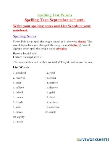 Spelling Skill ei and ie