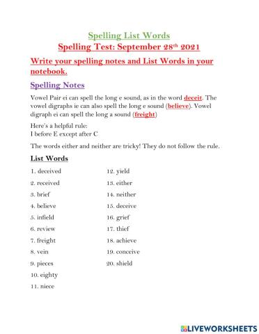 Spelling Skill ei and ie