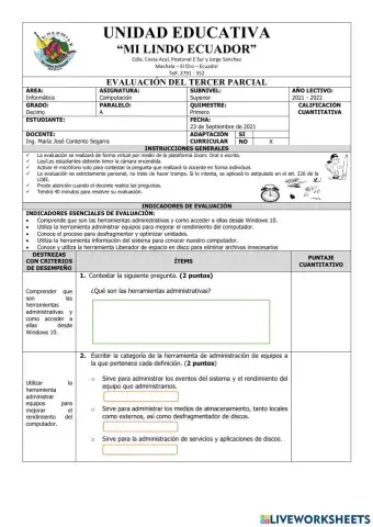 Evaluación de Computación Decimo del Tercer Parcial del Primer Quimestre